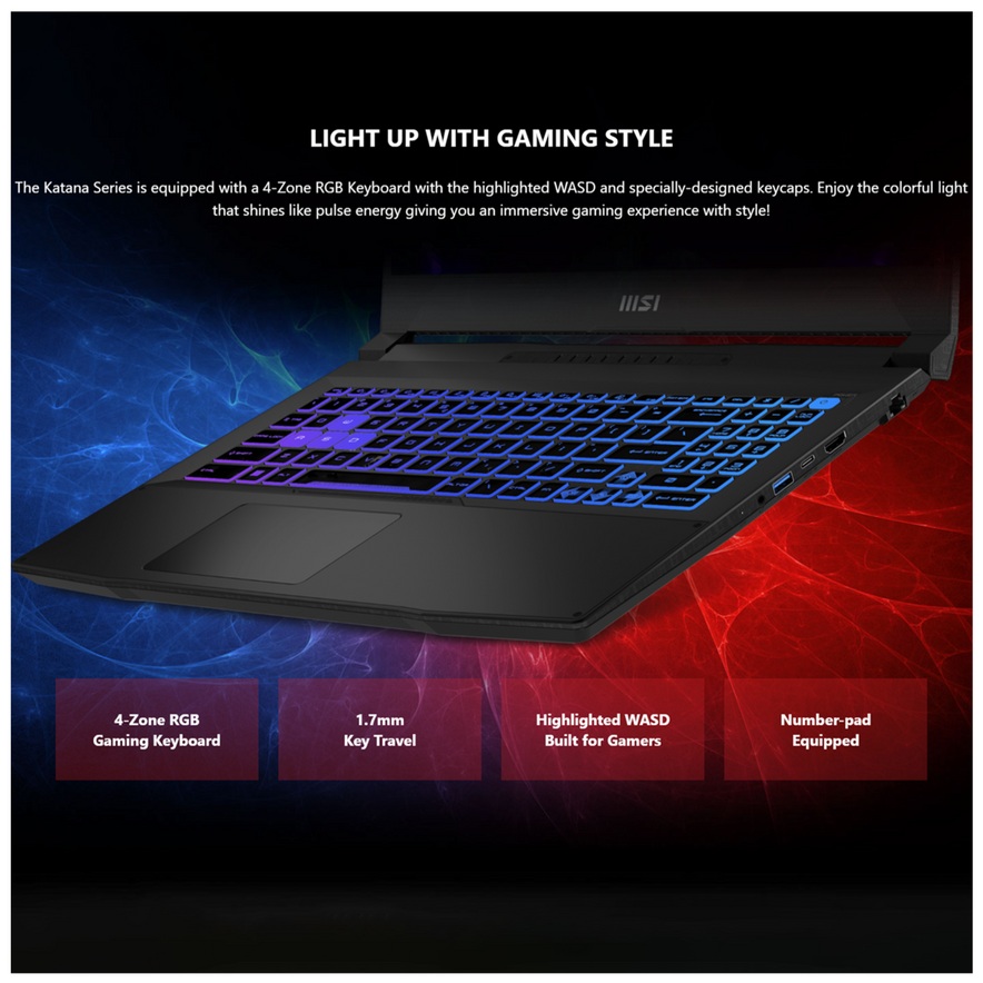 MSI KATANA 15 Gaming Laptop, 15,6" FullHD, i7-12650H, RTX4070, W11Home