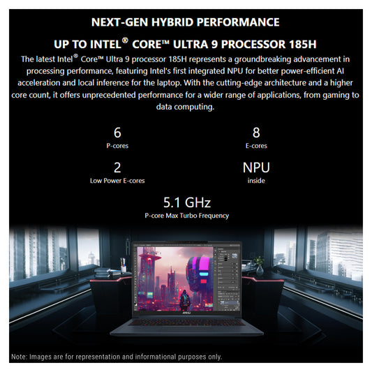 MSI Stealth 16 AI Gaming Laptop, Ultra 9-185H, 16" QHD+ (2560x1600) 240Hz, RTX4070, W11 Pro