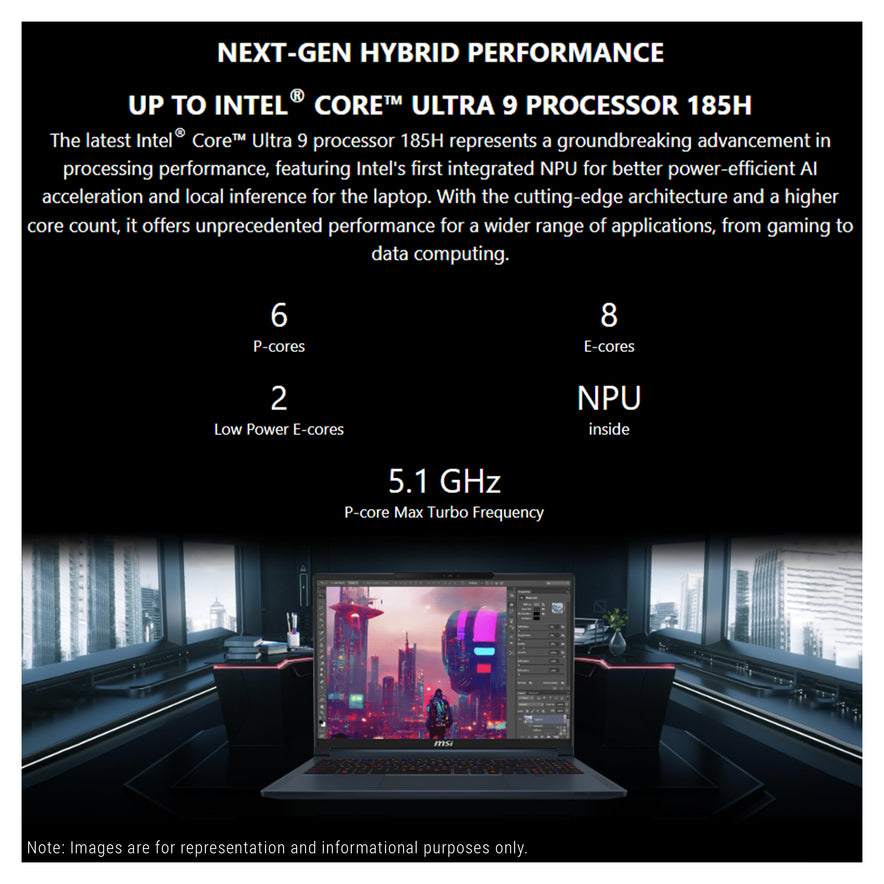 MSI Stealth 16 AI Gaming Laptop, Ultra 9-185H, 16" QHD+ (2560x1600) 240Hz, RTX4070, W11 Pro