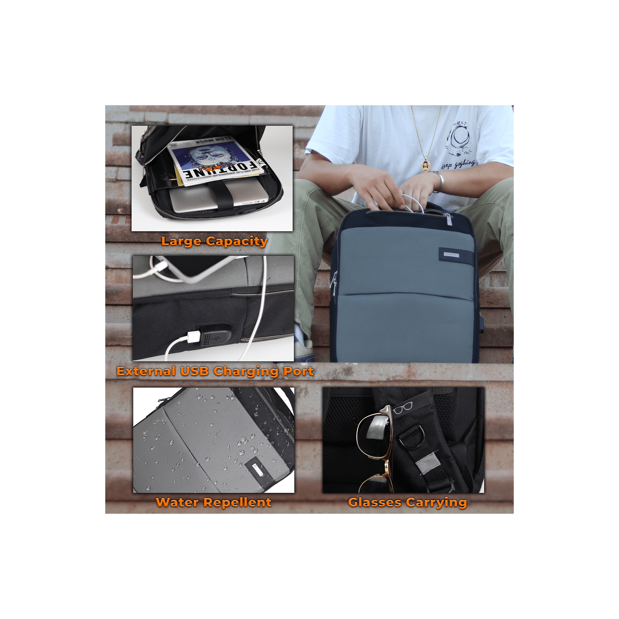 NPO Compact Laptop Backpack, with USB Charging Port, Fits 17.3" - Teknoraks