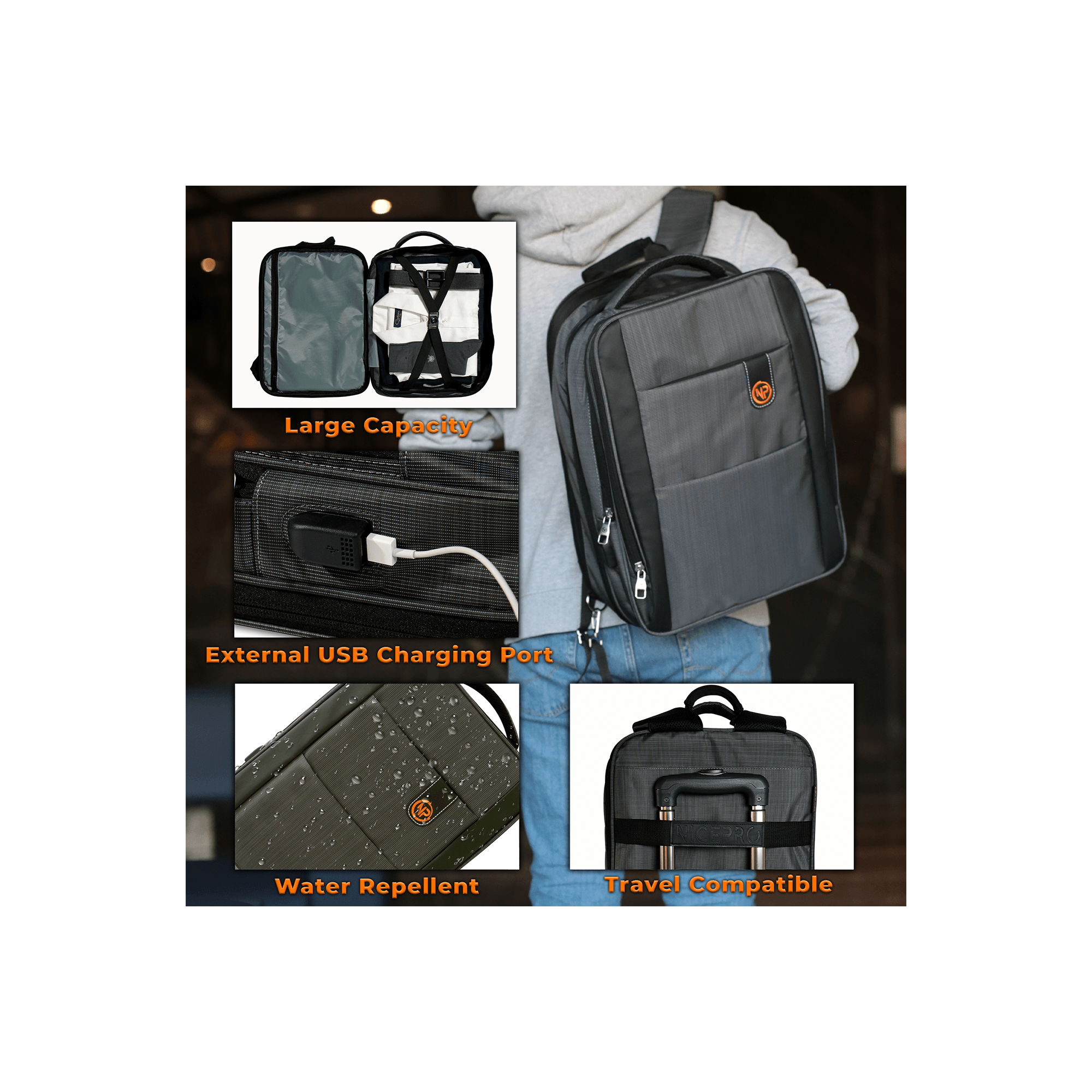 NPO Travela Laptop 40lt Backpack, With USB Charging Port, Fits 15.6"