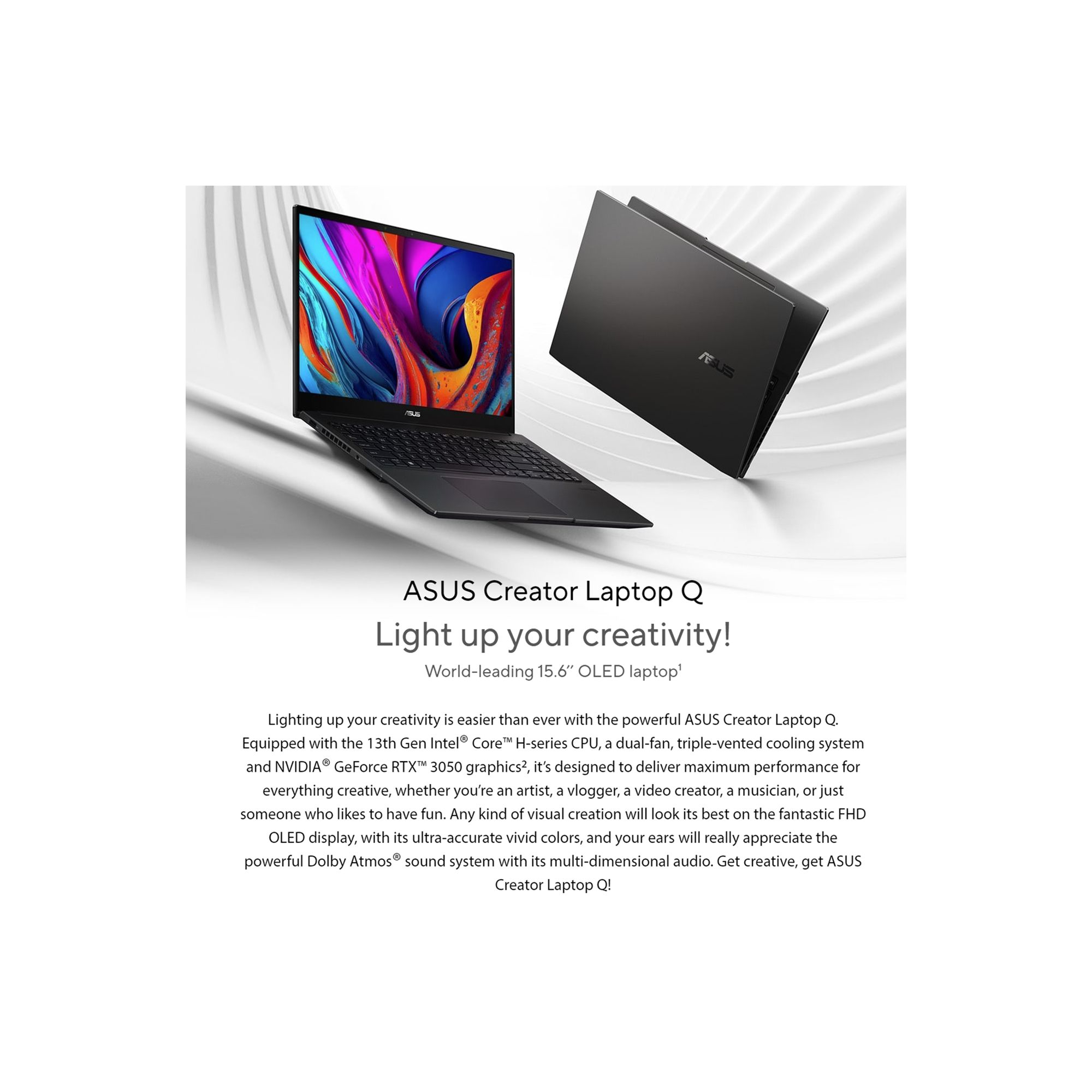 ASUS Creator Laptop, 15.6" Full HD Display, Intel Core i7-13620H, NVIDIA Geforce RTX 3050, Backlit Keyboard, Windows 11 Home, Black