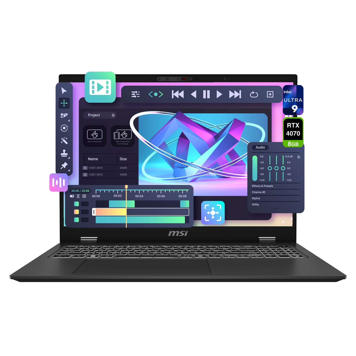 MSI Prestige 16 AI Studio EVO Laptop, Ultra 9-185H, 16" UHD+ (3840x2400), RTX4070