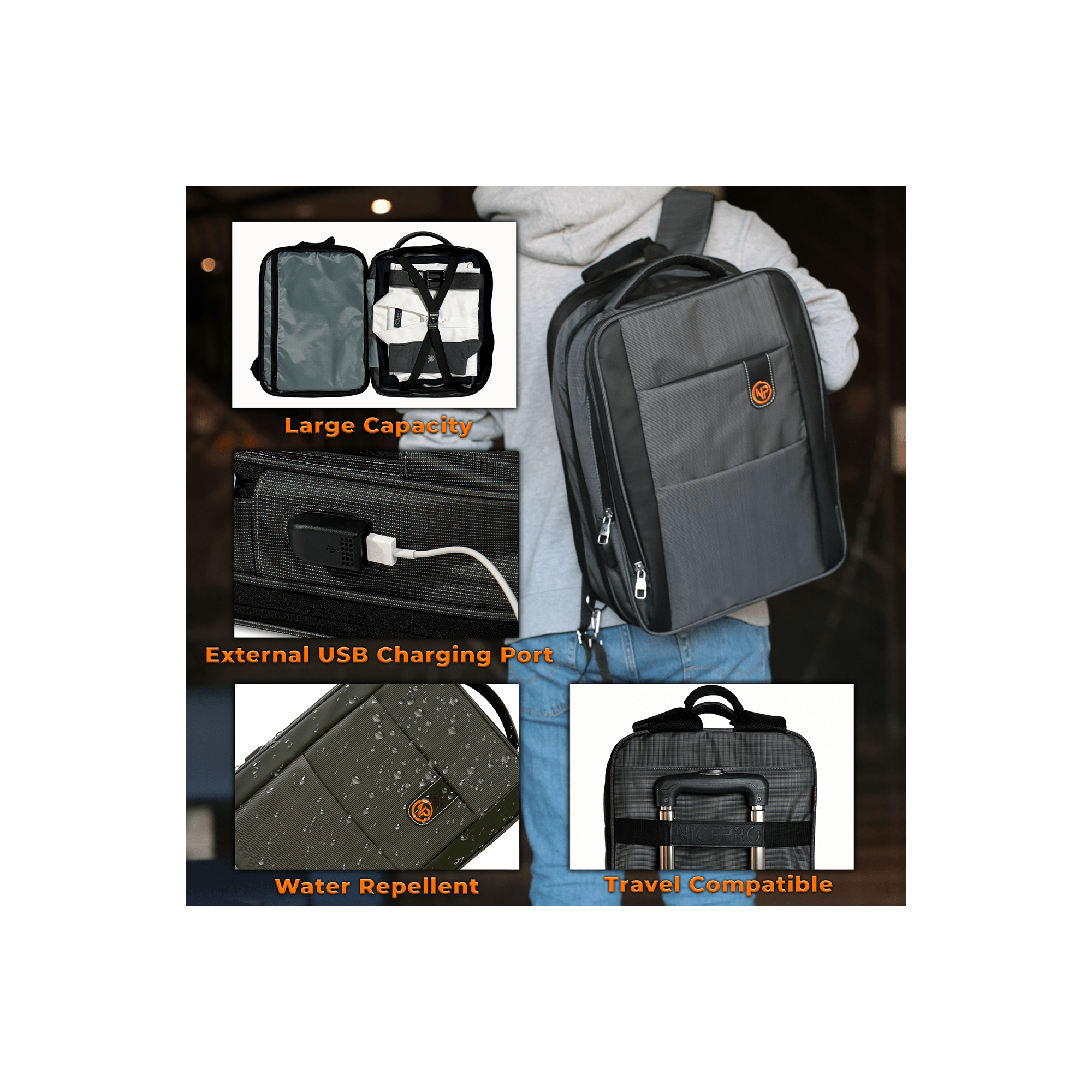 NPO Travela Laptop 40lt Backpack,  With USB Charging Port, Fits 15.6"