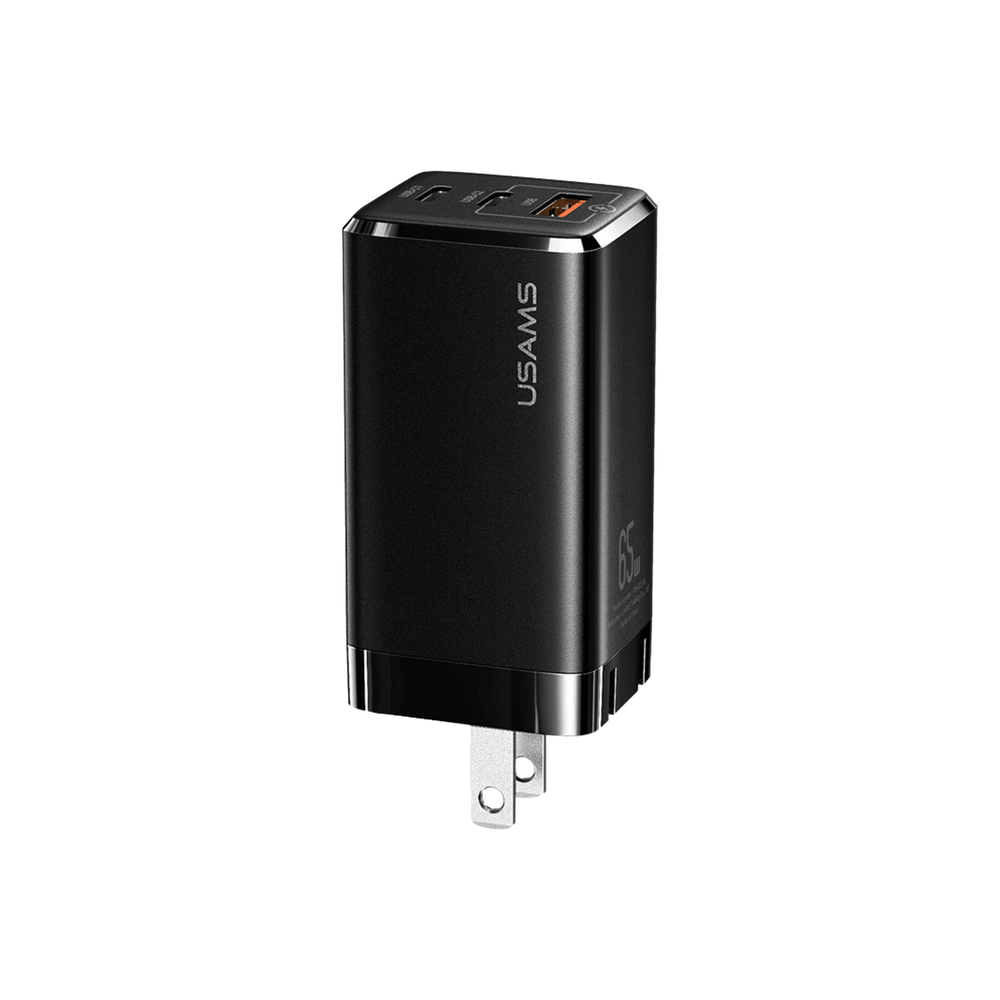Usams Charger 65W GaN Mini Form , PPS 3-Port Fast  Foldable Wall USB-C Charger, Black