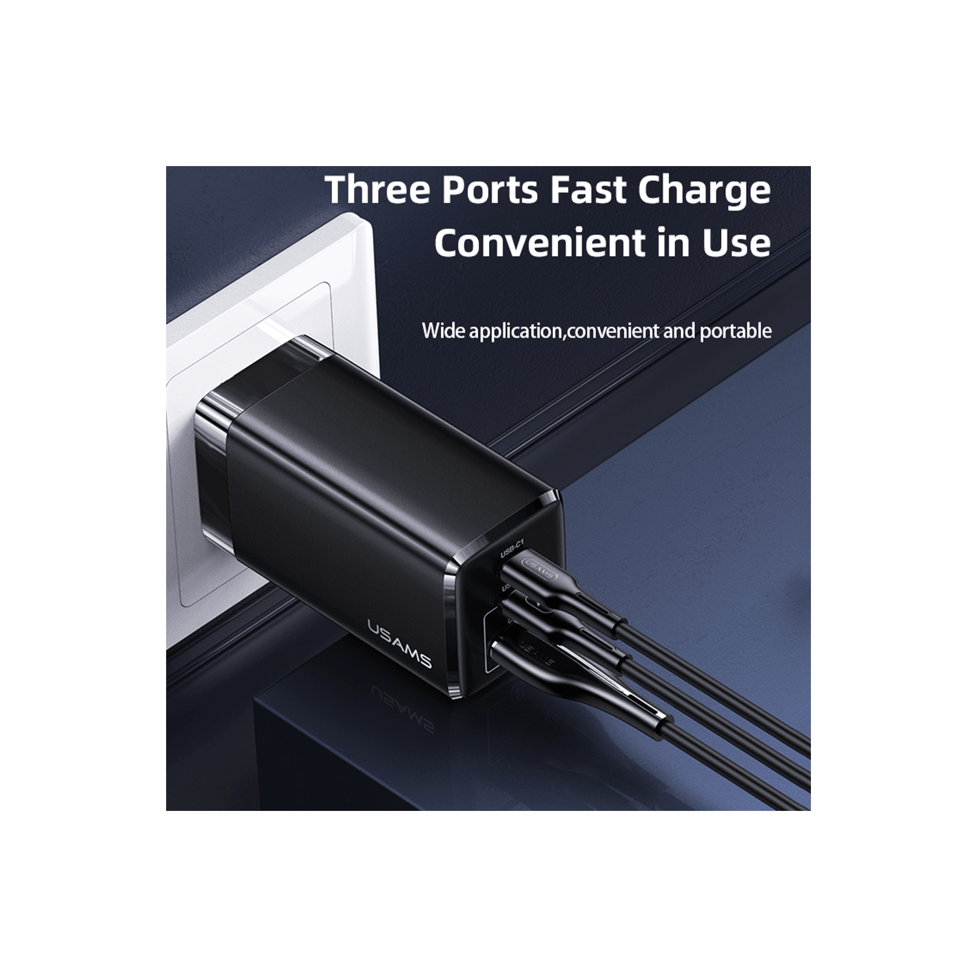 Usams Charger 65W GaN Mini Form , PPS 3-Port Fast  Foldable Wall USB-C Charger, Black