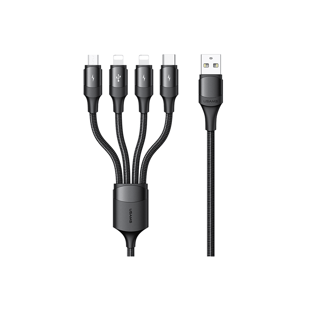 Usams 4-in-1 USB to Micro USB/Type-C/Apple Port Cable 3A Fast Multi-Charging Cable (Black) - Teknoraks